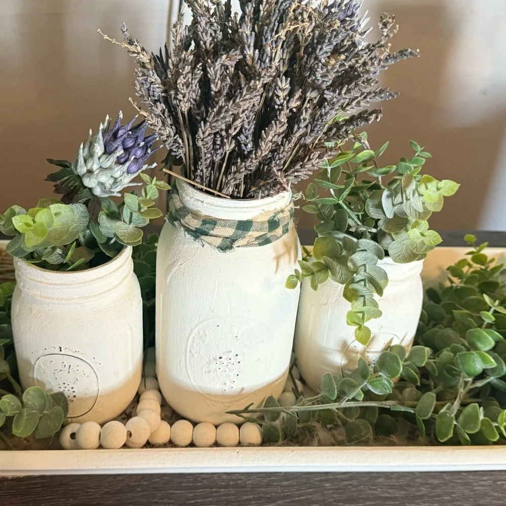 Rustic Cream Mason Jar Set with Lavender and Greenery